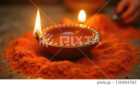 Dashahra, India. Macro Texture of Rangoli Powder and Terracotta Diya with Flame 130893763