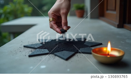 Modern Minimalist Geometric Rangoli with Black Powder and Brass Diya. Dashahra, India. Modern Minimalist Geometric Rangoli with Black Powder and Brass Diya. Dashahra, India. 130893765