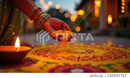 Top View of Colorful Rangoli Pattern with Lit Diya Lamp During Diwali. Dashahra, India. Top View of Colorful Rangoli Pattern with Lit Diya Lamp During Diwali. Dashahra, India. 130893767