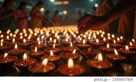 Lighting a Single Diya Among Hundreds in a Spiritual Temple Setting. Dashahra, India. 130893769