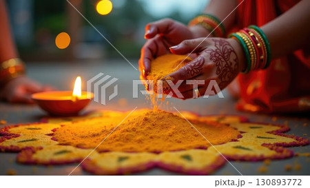 Top View of Colorful Rangoli Pattern with Lit Diya Lamp During Diwali. Dashahra, India. Top View of Colorful Rangoli Pattern with Lit Diya Lamp During Diwali. Dashahra, India. 130893772
