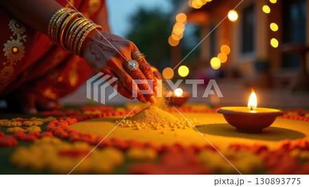 Top View of Colorful Rangoli Pattern with Lit Diya Lamp During Diwali. Dashahra, India. 130893775