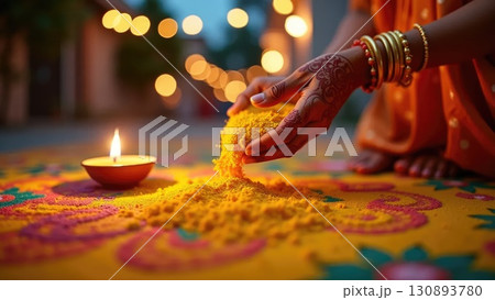 Top View of Colorful Rangoli Pattern with Lit Diya Lamp During Diwali. Dashahra, India. Top View of Colorful Rangoli Pattern with Lit Diya Lamp During Diwali. Dashahra, India. 130893780