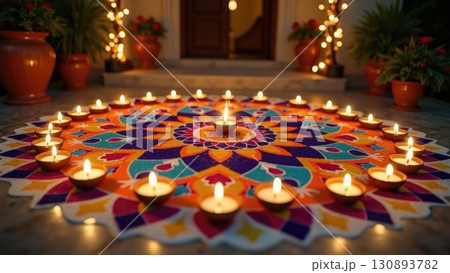 Dashahra, India. Complete Rangoli with Many Lit Diya Lamps at House Entrance on Diwali Dashahra, India. Complete Rangoli with Many Lit Diya Lamps at House Entrance on Diwali 130893782