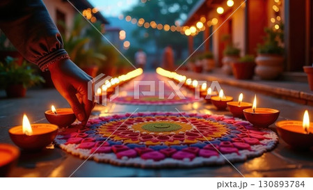 Dashahra, India. Complete Rangoli with Many Lit Diya Lamps at House Entrance on Diwali Dashahra, India. Complete Rangoli with Many Lit Diya Lamps at House Entrance on Diwali 130893784
