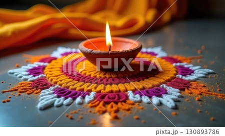 Top View of Colorful Rangoli Pattern with Lit Diya Lamp During Diwali. Dashahra, India. Top View of Colorful Rangoli Pattern with Lit Diya Lamp During Diwali. Dashahra, India. 130893786