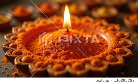 Dashahra, India. Macro Texture of Rangoli Powder and Terracotta Diya with Flame 130893788
