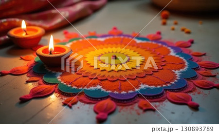 Top View of Colorful Rangoli Pattern with Lit Diya Lamp During Diwali. Dashahra, India. 130893789