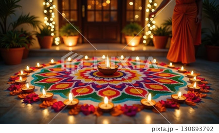 Dashahra, India. Complete Rangoli with Many Lit Diya Lamps at House Entrance on Diwali 130893792