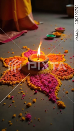 Top View of Colorful Rangoli Pattern with Lit Diya Lamp During Diwali. Dashahra, India. 130893794