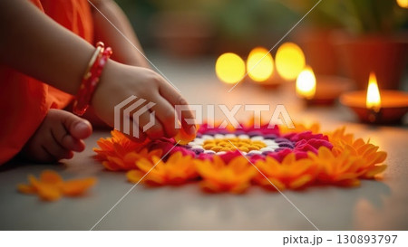 Dashahra, India. Child and Adult Hands Creating Rangoli Together with Flower Petals 130893797
