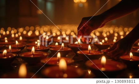 Lighting a Single Diya Among Hundreds in a Spiritual Temple Setting. Dashahra, India. 130893811
