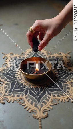 Modern Minimalist Geometric Rangoli with Black Powder and Brass Diya. Dashahra, India. 130893812