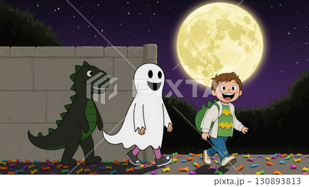 Children in Cute Costumes Casting Playful Cartoon Shadows on Halloween 130893813