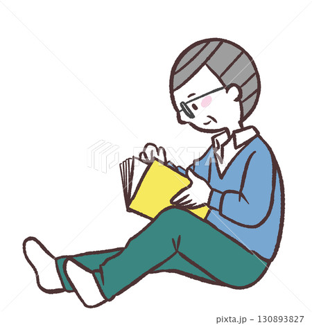 座って本を読むシニア男性イラスト 座って本を読むシニア男性イラスト 130893827