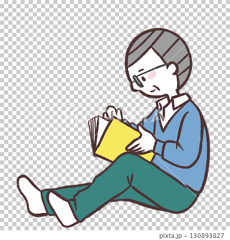 座って本を読むシニア男性イラスト 座って本を読むシニア男性イラスト 130893827