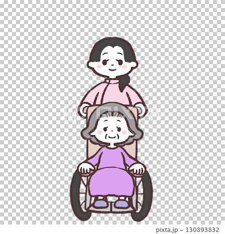 Illustration of a senior woman having her wheelchair pushed by a female staff member 130893832