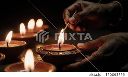 Close-Up of Hands Lighting Diya Oil Lamp Wick Against Dark Background. Dashahra, India, 130893836