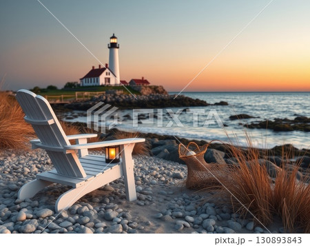 Peaceful Coastal Sunset with Lighthouse and Beach Chair 130893843