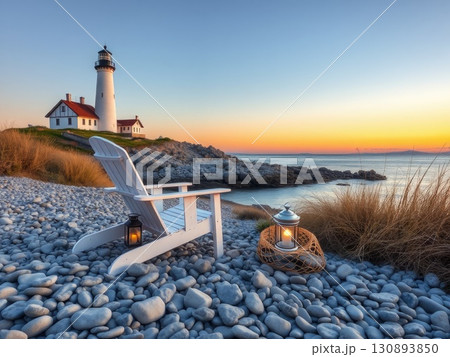 Peaceful Coastal Sunset with Lighthouse and Beach Chair 130893850