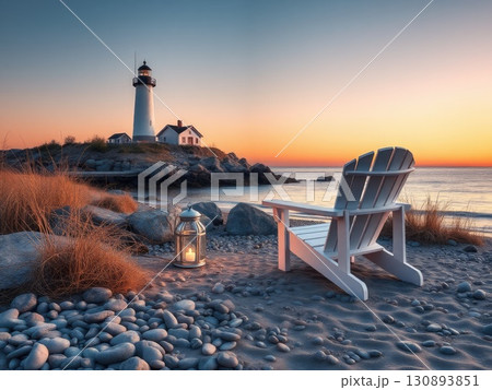 Peaceful Coastal Sunset with Lighthouse and Beach Chair 130893851