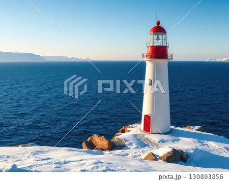 Snowy Coastal Lighthouse on a Winter Day 130893856