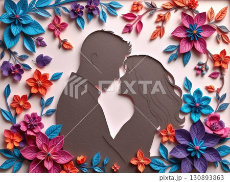 Paper Cut Couple in Romantic Floral Embrace Paper Cut Couple in Romantic Floral Embrace 130893863