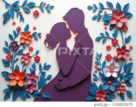 Paper Cut Couple in Romantic Floral Embrace 130893870