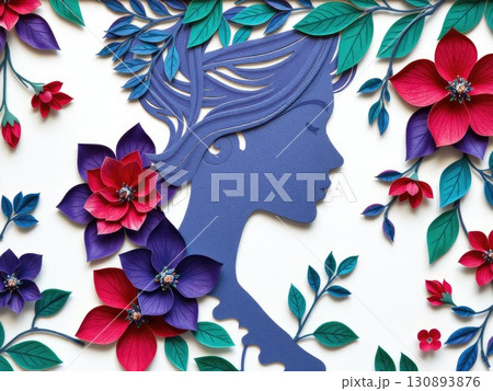 Beautiful Woman in Jewel-Toned Paper Cut Floral 130893876