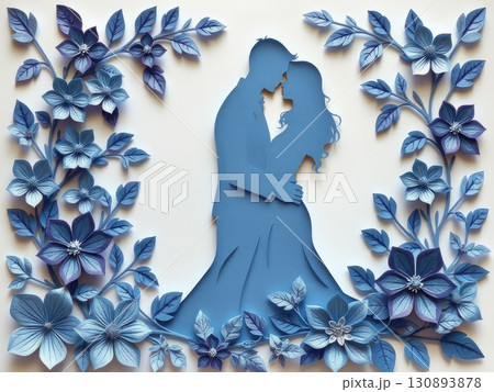 Paper Cut Couple in Cool Floral Embrace Paper Cut Couple in Cool Floral Embrace 130893878