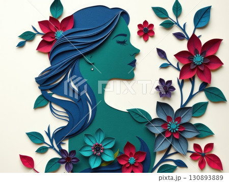 Beautiful Woman in Jewel-Toned Paper Cut Floral 130893889