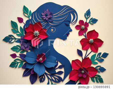 Beautiful Woman in Jewel-Toned Paper Cut Floral Beautiful Woman in Jewel-Toned Paper Cut Floral 130893891