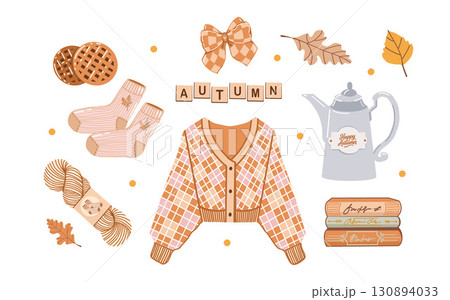 Cozy autumn attributes isolated on white background. Fall clip art set. Sweater, teapot, socks, yarn, books, waffles, bow, autumn leaves. Inscription Autumn. Vector illustration in beige and brown Cozy autumn attributes isolated on white background. Fall clip art set. Sweater, teapot, socks, yarn, books, waffles, bow, autumn leaves. Inscription Autumn. Vector illustration in beige and brown 130894033