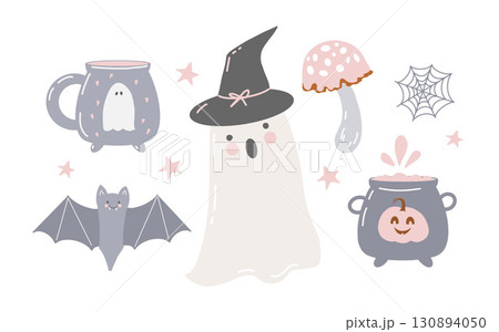Set of cute childrens Halloween clip art. Ghost and holiday attributes. Bat, witchs cauldron, spider web. Hand drawn vector illustrations in cartoon style. Vector flat illustration in pastel pink and 130894050