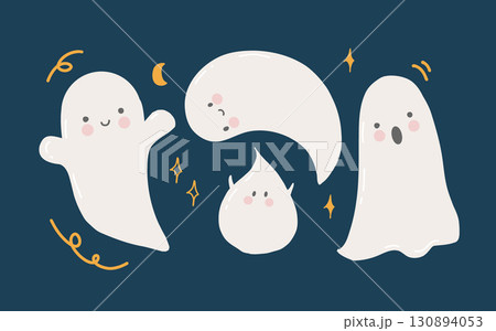 Set of cute funny ghosts and stars on the theme of childrens Halloween. Vector flat illustrations, hand drawn in cartoon style. Halloween party. Clipart for children. 130894053