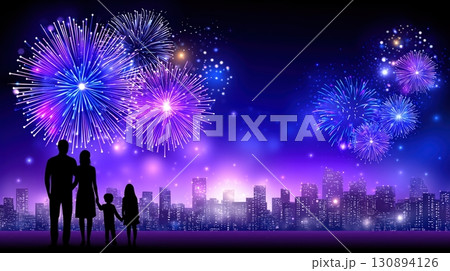 Family Watching Fireworks Over City Skyline at Night 130894126