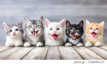 Five adorable kittens with open mouths peeking over wood 130894127