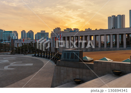 Colonnade and Flags at Sunset, War Memorial of Korea, Seoul 130894341