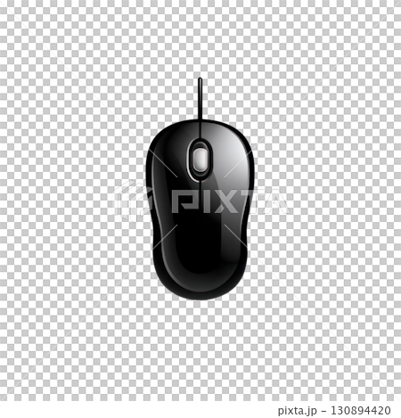 Black computer mouse with sleek design and ergonomic shape, ideal for modern workspace and technology enthusiasts, showcasing functionality and style. Isolated on transparent background. PNG, cutout. 130894420