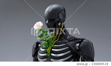 Robot with flower growing from its chest, an life metaphor. 130894519