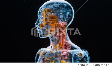 Digital human hologram with intricate circuitry depicting cybernetic enhancement 130894612