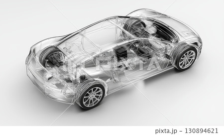 Transparent x-ray car outline with visible engine and chassis system 130894621