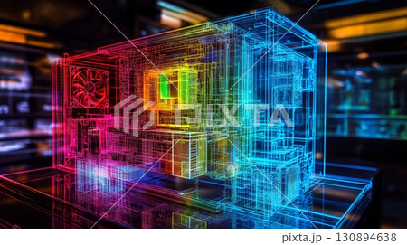 Abstract transparent technology industrial computer concept with wireframe structure 130894638