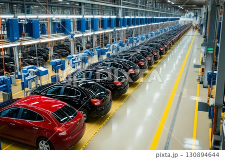Production line of cars in an industrial manufacturing facility during daytime operations 130894644