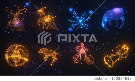 Neon constellation art of zodiac signs set against a starry night sky. Astrological symbols 130894653