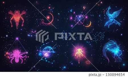 Neon constellation art of zodiac signs set against a starry night sky. Astrological symbols 130894654
