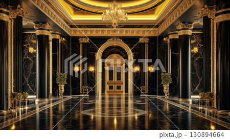 Elegant black palace hall with golden details and marble flooring Elegant black palace hall with golden details and marble flooring 130894664