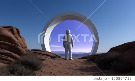 Astronaut standing in desert, portal to another galaxy behind 130894715