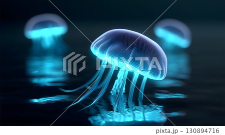 Cybernetic jellyfish glowing in the dark waters 130894716
