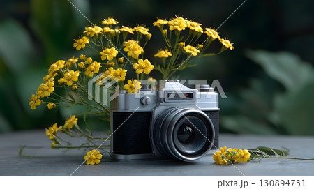 Antique with wildflowers blooming from its 130894731